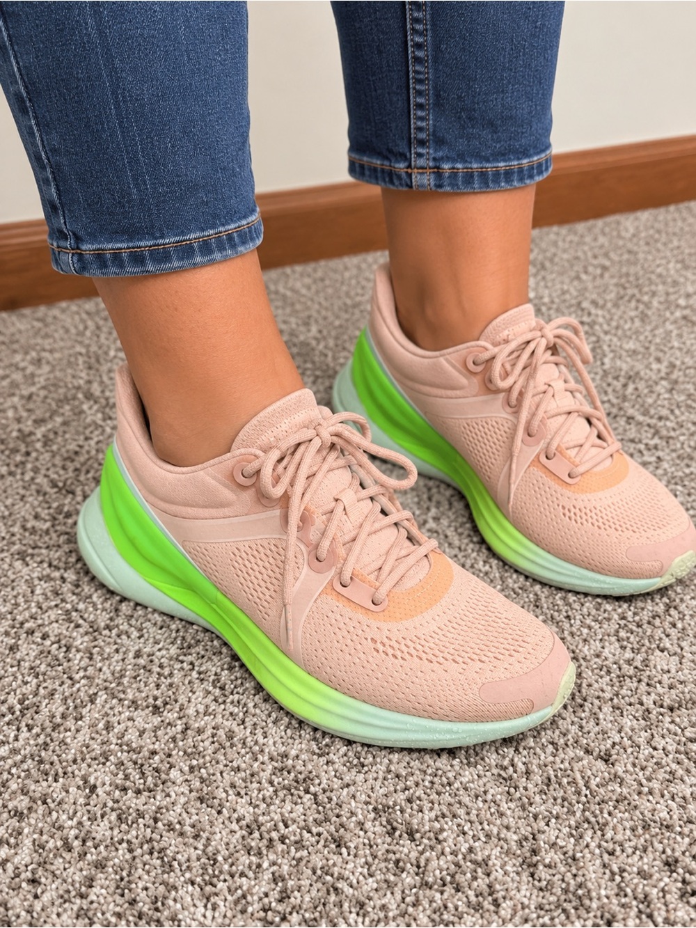 Lululemon Women’s Pink Knit Athletic Sneakers with Neon Green Sole